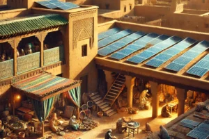 DALL·E 2024-08-19 21.11.59 – A beautiful and culturally rich scene showcasing the integration of renewable energy with traditional Moroccan culture and heritage. The photograph ca