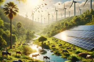 DALL·E 2024-08-19 21.17.43 – A striking image showcasing the positive environmental impact of renewable energy in Morocco. The photograph captures a landscape where solar panels a