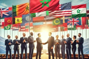 DALL·E 2024-08-19 21.20.41 – A powerful image symbolizing international cooperation in renewable energy projects in Morocco. The photograph features representatives from different